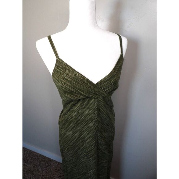 Vintage Old Navy Dress Women's 6 Green Striped‎ Zipper V Neck Bohemian Linen - Picture 2 of 11